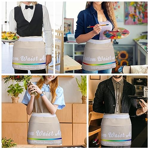 sophiehome Custom Waist Apron with Pockets Add Photo Logo Name Personalized Waiter Server Short Aprons for Kitchen - color: Natural