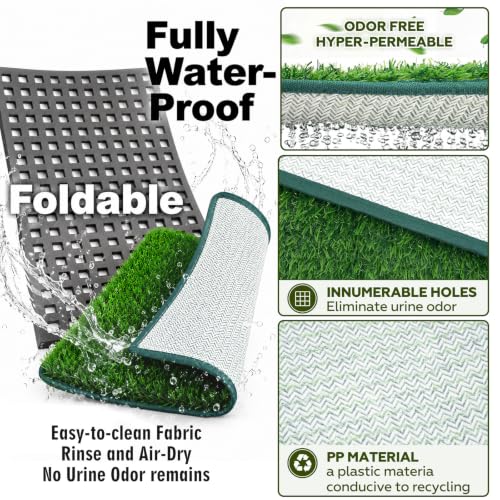 Zhehao Dog Grass Pad with Tray for Small Medium Dogs, 33.8 x 24 Inch Artificial Turf Potty with 17 Inch High Wall, Foldable Indoor Dog Litter Box Pee Pad Holder for Apartment Balcony Rv Training