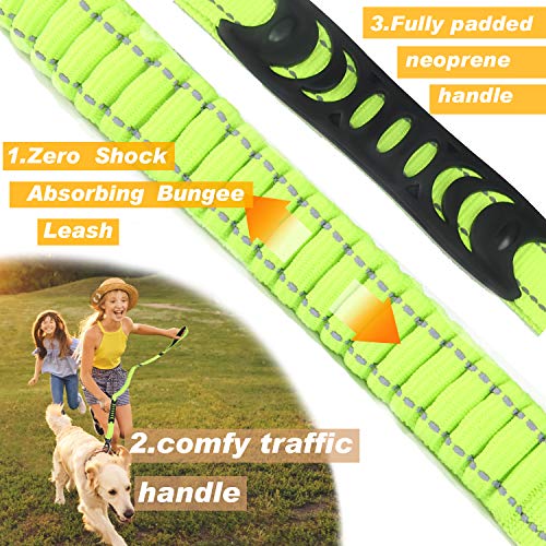 No-Pull Shock Absorbing Bungee Leash for Large Dogs, 4-6 FT Heavy Duty Dog Leash with Traffic Handle & Seat Belt Buckle, Reflective, Up to 150 Lbs - color: Fluorescent Green