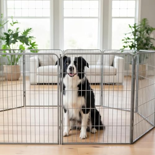 Dog Play Pen for Indoor Use - 40'', 8 Panels for Medium and Large Size Dogs - Portable Grey Playpen Kennel for House or Garage - Metal Heavy Duty Pet Fence with Anti-Slip Feet - size: 40 Inches
