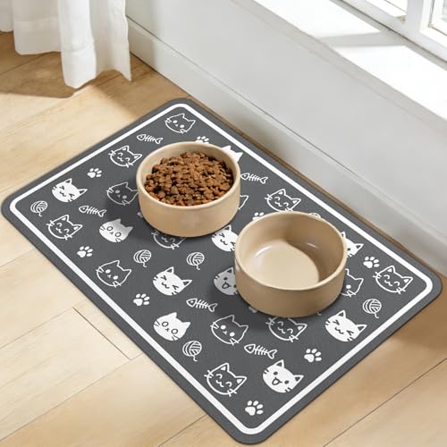 Dog Food Mat for Bowls, Absorbent Quick Dry Dog Cat Mats for Food and Water, Non-Slip Backing Pet Mat Pet Supplies - Cute Cat Pattern - color: Cat1