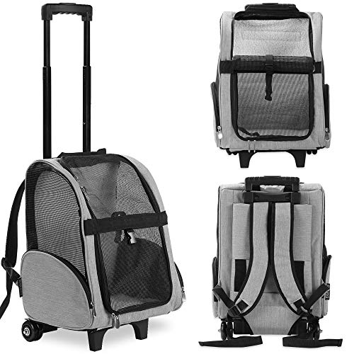 KOPEKS Deluxe Backpack Pet Travel Carrier with Double Wheels for Pets up to 10 Pounds - Black - Approved by Most Airlines - color: Grey, size: 13.0"L x 12.0"W x 20.0"H