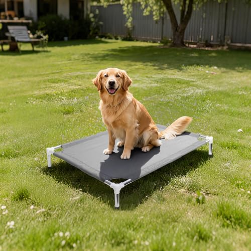 Makerfire Elevated Dog Bed, Indoor/Outdoor Raised Dog Cot for Small Dogs, Detachable Pet Bed with Non-Slip Feet, Polyester Cotton (26'' L x 19.5'' W x 6.4" H) - color: Grey-M-1