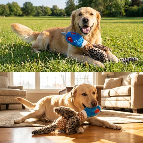 24” Jumbo Quilted Duck Dog Toy – Durable Tie-Dye Plush Bird with Double Squeakers & Crinkle Sound, No Stuffing Interactive Toy for Medium & Large Dogs - color: Blue/Brown/Orange