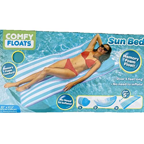Comfy Floats No Inflate Roll Up Sun Bed Single Person Water Lounger Pool and Lake Float with Pillow Headrest & Removable Soft Mesh Cover, Blue/White