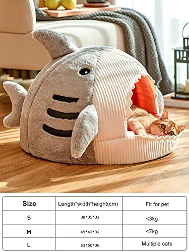 QWINEE Cat Mat Shark-Shaped Kennel Kitten Bed Hideout House Warm Soft Comfortable Semi-Closed Cat Dog Nest Grey Medium - color: Grey, size: Medium