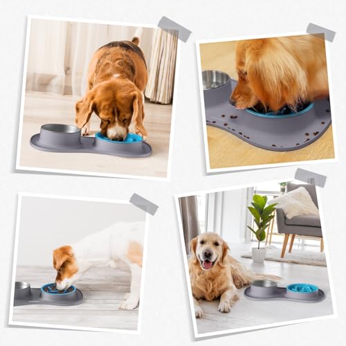 MateeyLife Dog Food and Water Bowl Set 3 in 1, Slow Feeder Dog Bowls & Stainless Steel Water Bowl with Non-Spill Silicone Mat, Cat and Puppy Bowls Pet Dishes for Small Medium Large Breed Anti-Choking - color: Gray, size: Large