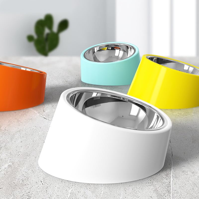 15° Tilted Dog Bowl for Small Dogs Flat-Faced Breeds - Anti-Choke Ergonomic Elevated Feeder Non-Slip Base - 2-in-1 Detachable Stainless Steel Food & Water Bowls - Pure White Clean & Simple (S, White) - color: White, size: S