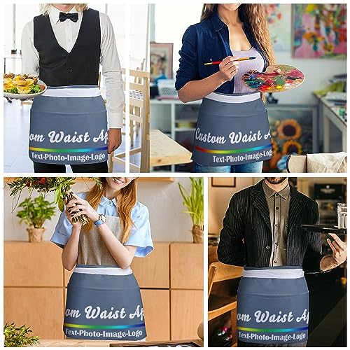 sophiehome Custom Waist Apron with Pockets Add Photo Logo Name Personalized Waiter Server Short Aprons for Kitchen - color: Indigo Blue