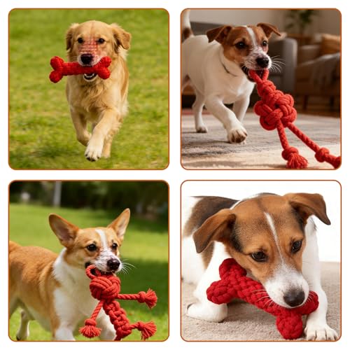 3 Pack Cotton Rope Dog Toy Set, Indestructible Chew Toys for Aggressive Chewers, Puppy Teething Toys with Bone, Human & Chinese Knot Designs for Boredom Relief & Tug of War, Red - style: Red suit(3 pack)