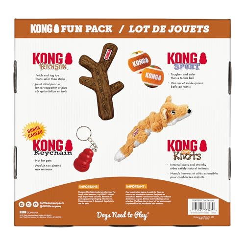 KONG Fun Pack – Fall Dog Toy Gift Set with FetchStix, Sport Balls, Scrunch Knots Fox, Tug & Fetch Toys, Bonus Keychain – Safe Fetch, Tug, and Light Chew for Dogs