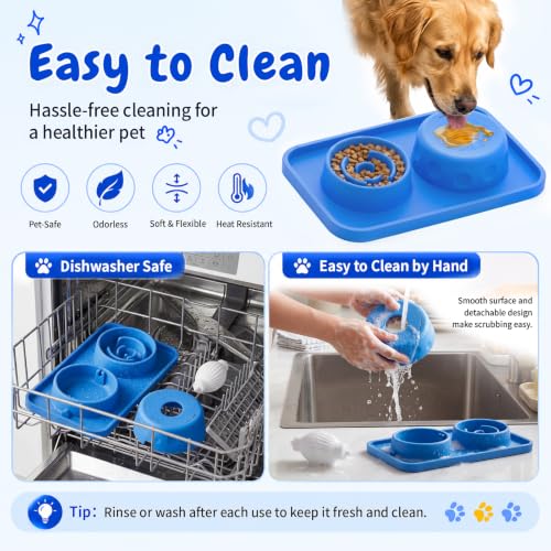 2-in-1 Dog Slow Feeder and Lick Ball Bowl, Interactive Puzzle Anti-Choking Pet Slow Eating Bowl with Treat Licking Rolling Ball, Spill-Proof Silicone Mat Feed Station for Dogs and Cats- Sky Blue