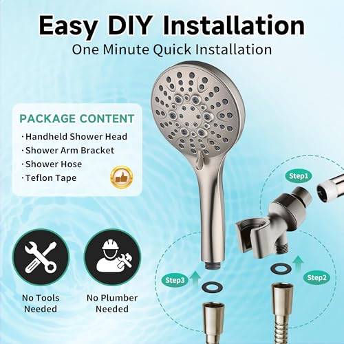 BRIGHT SHOWERS High Pressure Shower Head with Handheld, 9 Spray Settings Showerhead Built in Power Wash to Clean Tub and Pets, Extra Long 69" Hose, Adjustable Bracket, Brushed Nickel - color: Brushed Nickel, style: 1.8 GPM | 9 Modes