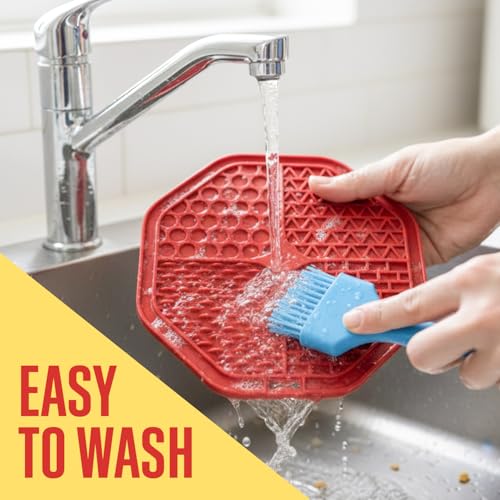 Slow Feeder Dog Bowl with Silicone Lick Mat, Non-Slip Dual Feeding Station for Dogs, Slow Eating Bowl to Help Reduce Fast Eating, Removable Lick Pad (Red) - color: Red