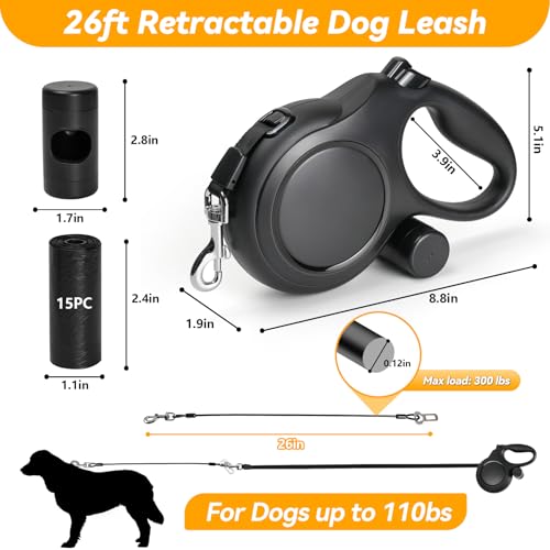 Upgraded Retractable Dog Leash with Chew Proof Cable, 26ft Heavy Duty Dog Leash for Large Dogs up to 110lbs, No-Tangle, Non-Slip Handle, One-Handed Brake, with Poop Bag Holder (Black, L 26ft) - color: Black