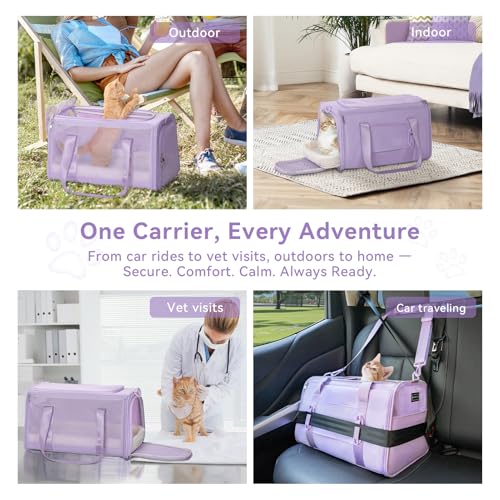 PETSFIT Soft-Sided Cat Carrier with Patented Safety Buckles, Lockable Zippers & Safety Tether,Escape-Resistant Travel Pet Carrier for Car Rides & Vet Visits, Airline Approved Under-Seat, Up to 12 lbs - color: Purple, size: 18.0"L x 11.0"W x 11.0"H