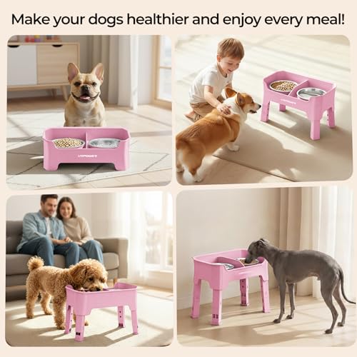 URPOWER Mess Proof Elevated Dog Bowls 4 Height Adjustable Raised Bowl Stand with 2 Stainless Steel Dog Bowls Non-Slip Food and Water Bowl Set for Small Dogs, Pink - color: Pink, size: Small