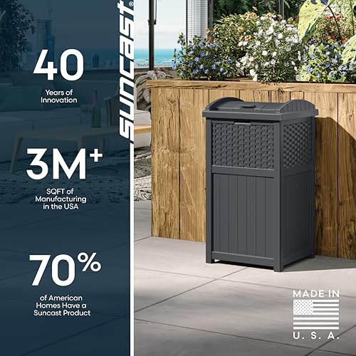 Suncast 33 Gallon Wicker-Style Hideaway Trash Can with Secure Latching Lid and Weather-Resistant Construction for Patio, Cyberspace Grey, Made in the USA - color: Cyberspace Grey