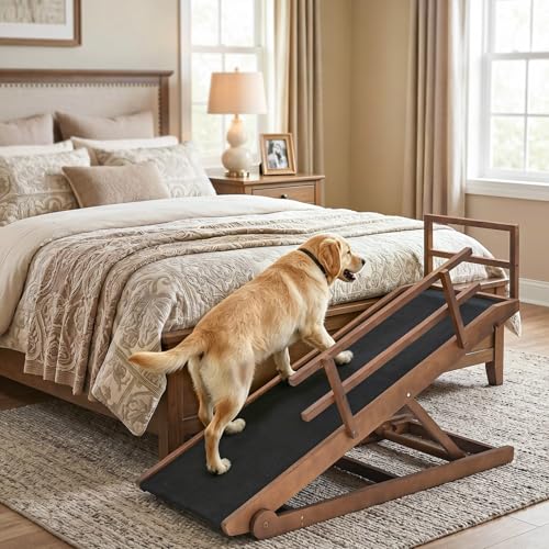 Dog Ramp for Bed & Couch, 5-Level Adjustable Wooden Pet Ramp for Bed & SUV, Adjustable Height 17.7"-31.4",Folding Non Slip Dog Ramps for Small Large Senior Dogs & Cats - Furniture Quality - size: XL-for 31.4''H Bed
