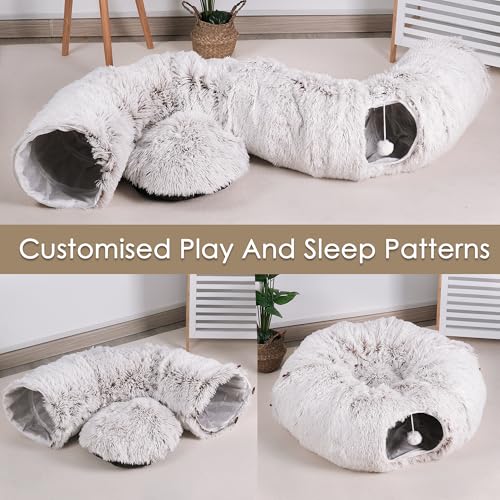 Cat Tunnel Bed for Indoor Cats, Peekaboo Cat Cave with Washable Soft Play Mat, Furry Cat Tube, for Kitten/Puppy/Rabbit, Brown - color: brown
