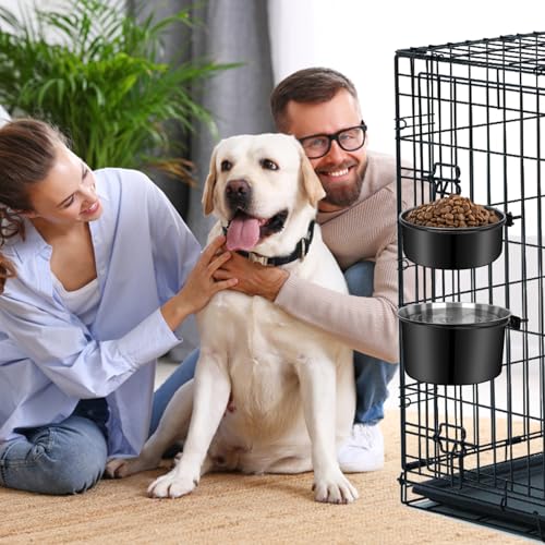 No Spill Water Bowl for Dogs, Sturdy Stainless Steel Dog Dishes 2 Pack with Dog Bowl Holder Hanging on Pet Cage Kennel Crate, Detachable Metal Food/Water Bowl Set for Medium/Large Dogs - color: Black