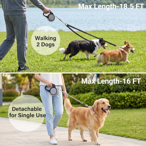 Dual Retractable Dog Leash for Walking 2 Small Dogs(Up to 44 Lbs Each) - Double Headed 18.5ft Extendable Pet Leash with Poop Bags, Non Slip Grip, One Button Control, 360 Tangle-Free (Gray, Medium) - color: Gray, size: Medium