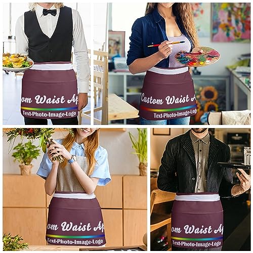sophiehome Custom Waist Apron with Pockets Add Photo Logo Name Personalized Waiter Server Short Aprons for Kitchen - color: Maroon