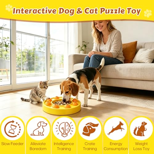 Dog Food Puzzle Toys Interactive Game Toy for IQ Training Enrichment Dog Food Puzzle Slow Feeder for Small, Medium Dogs and All Cats (Yellow Bowl) - color: Yellow Bowl