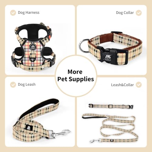 NESTROAD Dog Collar and Leash Set,Soft Neoprene Pet Collar with Quick Release Buckle,Adjustable Nylon Dog Collars for Small Medium Large Dogs(Medium,Cherecked Beige) - color: Checkered Beige, size: Medium