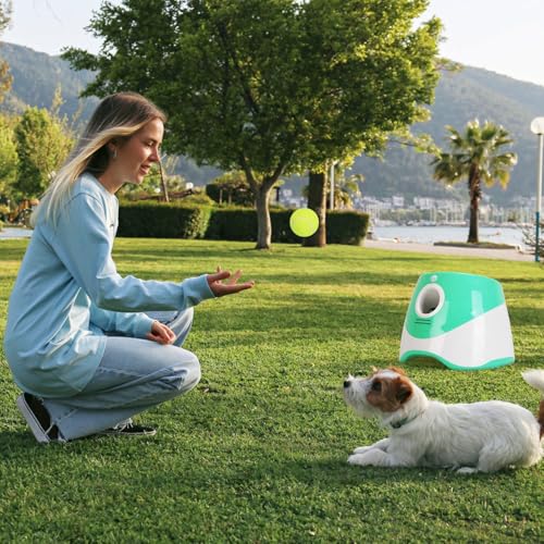 Automatic Dog Ball Launcher, Dog Ball Thrower with 9.84-29.52ft 3 Launching Distance, Rechargeable Dog Toy Mental Stimulation Training Game with 1.96" Tennis Balls for Energetic Small Medium Dogs - size: 9.84-29.52ft