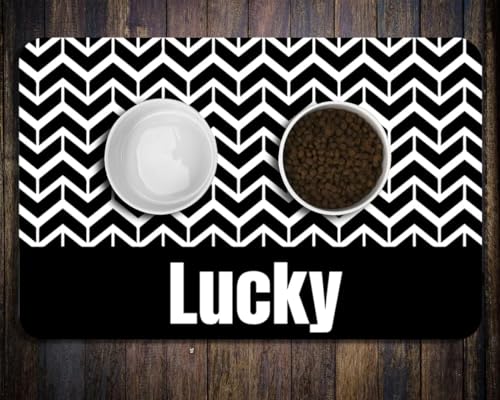 Personalized Dog & Cat Food Mat with Name Waterproof PU Pet Bowl Mat Non-Slip Rubber Bottom Easy Clean 3 Sizes (24"×16", 30"×20", 36"×24") Black Paw Prints (Fish Bone) - color: Wave