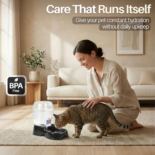 Flexzion Automatic Gravity Pet Waterer for Cat & Dog - Non-Skid & Easy-Clean Auto Replenish Water Dispenser Drinking Bowl (3/8 Gallon / 1.5L), Black - color: Black, size: 1.5 L