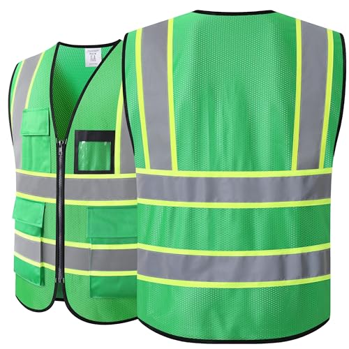 Reflective Safety Vest for Men Women Hi Vis Vest with 8 Pockets High Visibility Mesh Reflective Vest Meets ANSI/ISEA Standards (Green-07,Large) - color: Green, size: Large