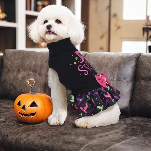 CuteBone Halloween Dog Sweater Dress Spooky Embroidery Turtleneck Puppy Sweater with Bowtie Leash Hole Pullover Winter Dress for Small Dogs - color: Halloween 3, size: Small
