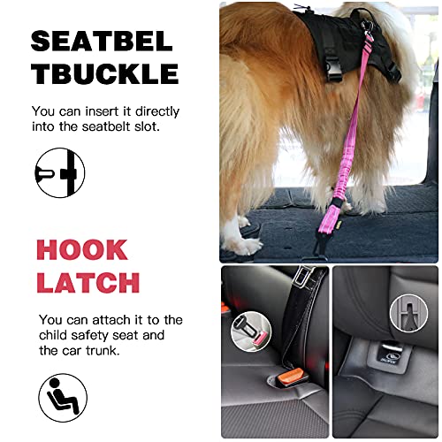 AUBELL Dog Seat Belt for Car,2 Pack Set 3-in-1 Adjustable Reflective Bungee Heavy Duty Dog Car Harness Tether with Clip Hook Latch & Buckle,Swivel Zinc Alloy Carabiner,Black+Hotpink - color: Set Black+Hotpink