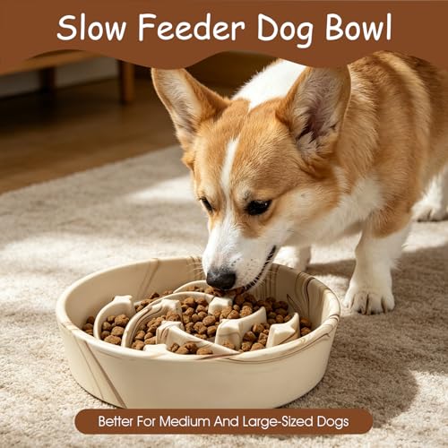 Slow Feeder Dog Bowls Ceramic– 2 Cup Slow Feeding Bowl for Small and Medium Breed, Puzzle Dog Food Bowl for Fast Eater,Brown Marble Pattern