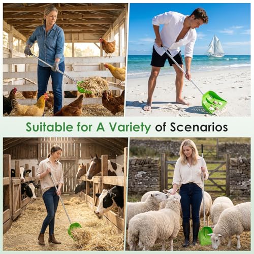 Thiswing Chicken Poop Scooper & Rake 2-in-1, Adjustable Handle Length from 38" to 66", Features Manure Sifting Capability – Ideal for Chicken Coops and Farm Animal Cleaning (Green)