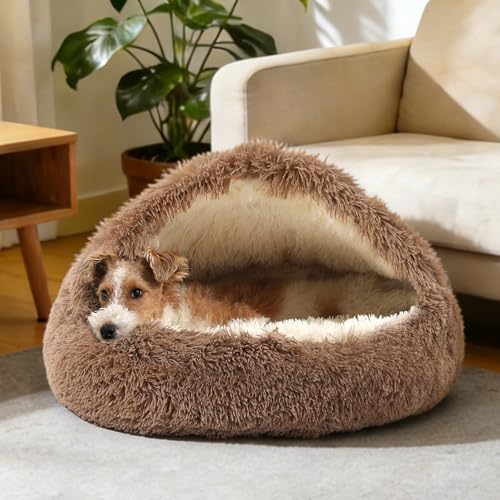 NOYAL Round Hooded Donut Dog Bed for Small & Medium Pets - Plush Fluffy Anti-Anxiety Cat Cave Bed with Cover - color: Brown, size: Medium 23.6''