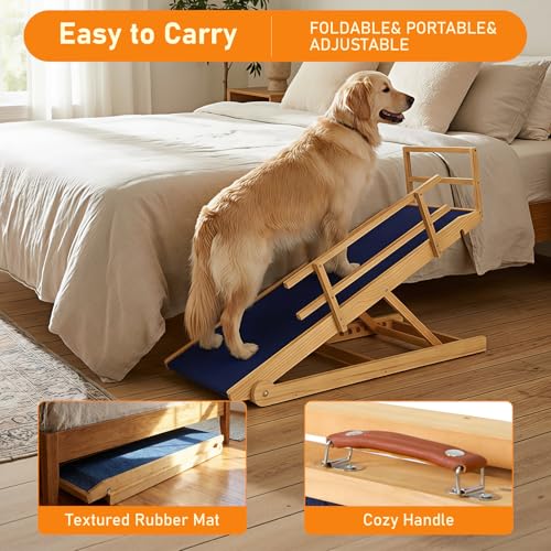 Dog Ramp - 7 Adjustable Heights, Portable with Leather Handle, Anti-Slip Design for Beds, Couches & Cars - Perfect for Small & Large Dogs - size: 115 CM LONG with Guardrails