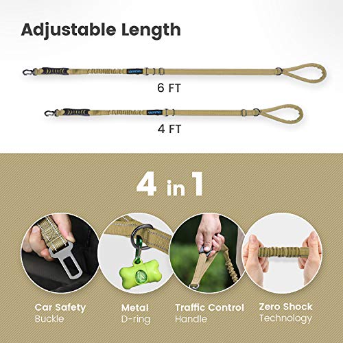 IOKHEIRA Multifunctional Dog Leash - 4-6 FT Strong Bungee, Car Seatbelt Compatible, Army Green - color: Brown