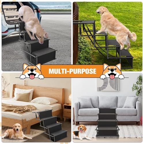 Dog Stairs for Car, Foldable Ramps for Dogs with Non-Slip Surface for Large Dogs Portable Dog Steps for Cars and SUV, Truck to 200 lbs, 4 Steps