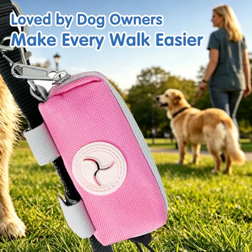 Dog Poop Bag Holder Zippered Pouch, Portable Waste Bag Dispenser with 1 Metal Clip, Fashion Color Matching Canvas Holder for Leashes - Pink - color: Pink