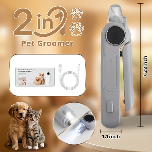 2-in-1 Cat Nail Clippers & Dog Nail Clippers with Light, Rechargeable Pet Nail Trimmer for Dogs & Cats, Quiet Electric Nail File with Safety Guard, Nail Catcher & 3 Speeds for Small Medium Large Pets - color: gray