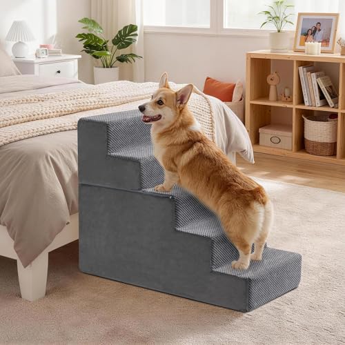Dog Stairs, Steps and Ramp for High Bed & Sofa, 13-24" H Detachable Pet Stairs for Small Medium Dogs, Sturdy 40D Foam, Non-Slip, Washable Cover with Lint Roller, Grey