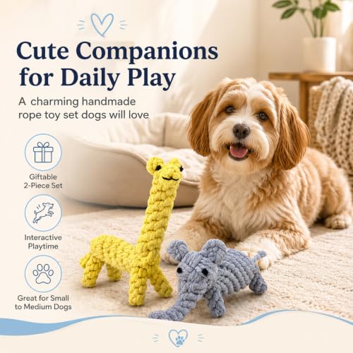 ADUCK Puppy Dog Rope Toy for Teeth Cleaning, Chew-Proof Dental Care & Interactive Training Reward | Durable Cotton Gray Elephant & Yellow Giraffe for Small & Medium Dogs - color: Elephant and Giraffe