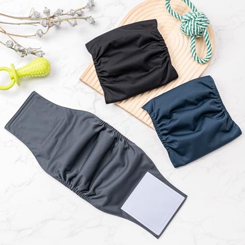 1 Pack 3 Reusable Dog Diapers Washable Male Belly Bands for Dogs, High Absorbing Male Dog Doggie Puppy Wraps (Large, Black Navy Charcoal) - size: Large