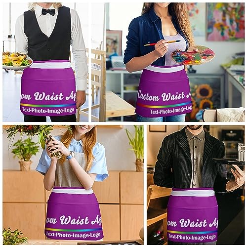 sophiehome Custom Waist Apron with Pockets Add Photo Logo Name Personalized Waiter Server Short Aprons for Kitchen - color: Light Purple