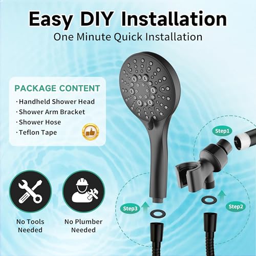 BRIGHT SHOWERS High Pressure Shower Head with Handheld, 9 Spray Settings Showerhead Built in Power Wash to Clean Tub and Pets, Extra Long 69" Hose, Adjustable Bracket, Matte Black - color: Matte Black, style: 1.8 GPM | 9 Modes