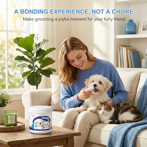 Vet-Recommended Dog & Cat Finger Wipes, Coconut Scent 60 Count, Gentle Dental Wipes Freshen Breath, Remove Plaque & Tartar, Clean Tear Stains & Ears, Replace Toothbrush & Paste for Timid Shy Pets
