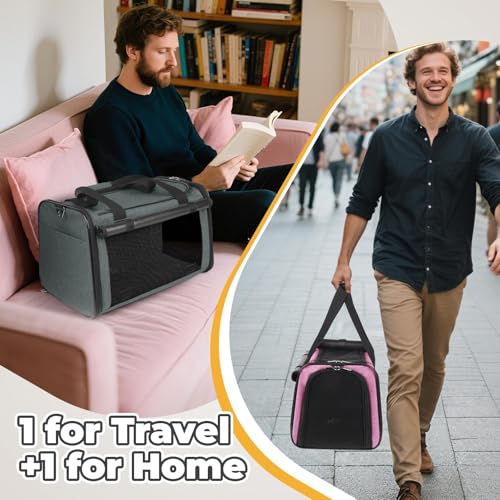 YUDODO 2 Packs 25 lbs Lightproof Soft Sided Cat Carrier for Large Cat & Small Dog Airline Approved Travel Puppy Carriers with Side Pockets & Reflective Mesh, Foldable Portable for Car Grey Green+Pink - color: Pink*1+Grey Green*1